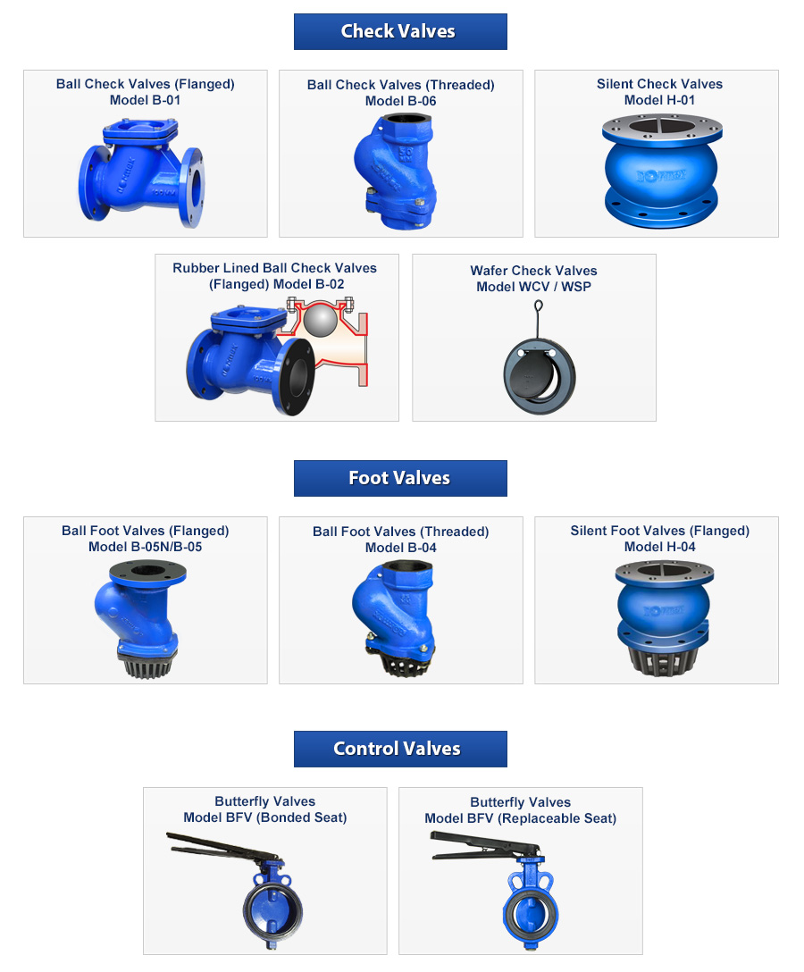 Check Valves, Foot Valves, Control Valves, Ball Valves, Flanged Valves, Wafer Check Valves, Butterfly Valves, Silent Foot Valves, Valve